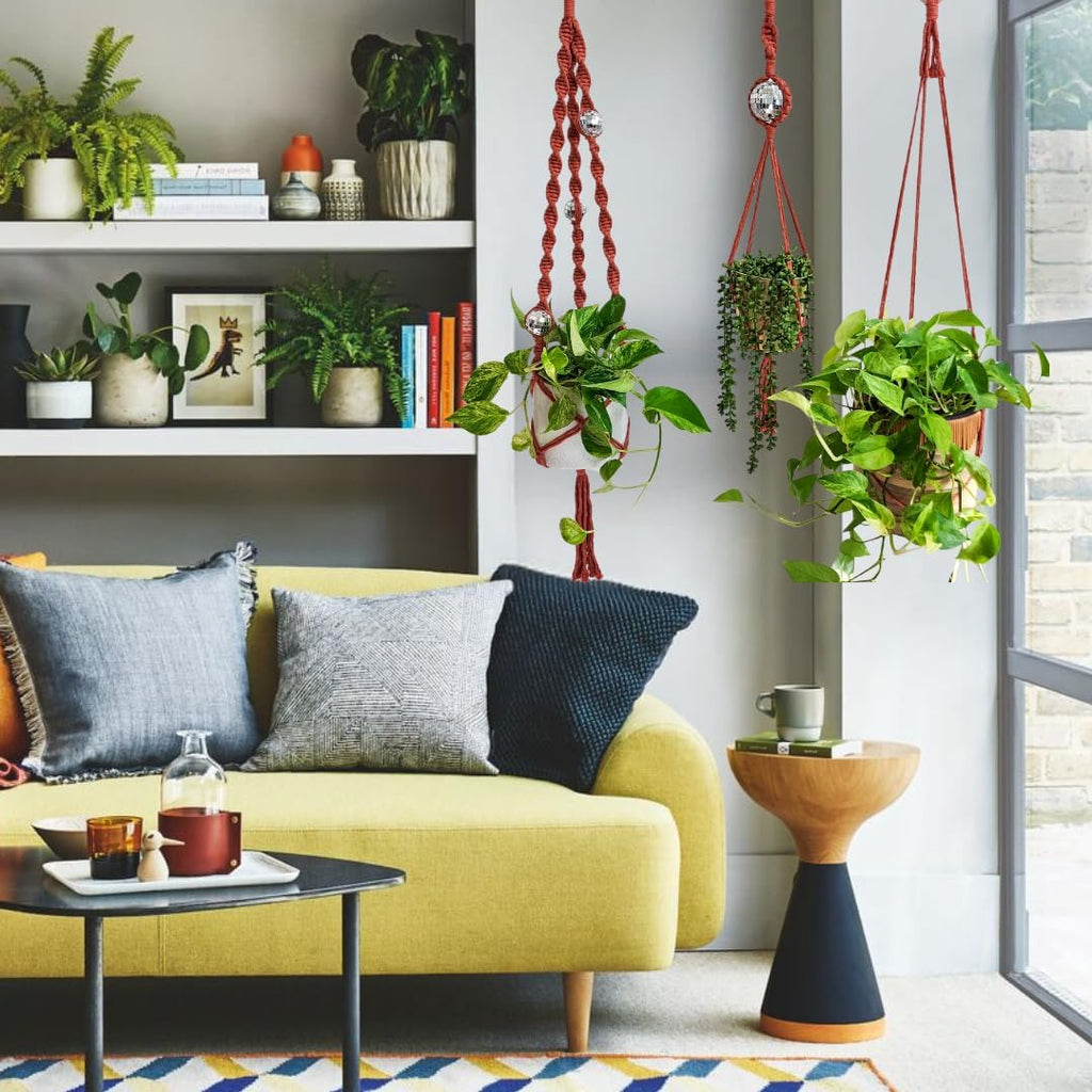 Set of 3 Macrame Plant Hanger | Disco ball decor Hanging planters for indoor plants Cool gifts for plant lovers Boho plant pots plant stand indoor Hanging planters for outdoor plants (Cafe Latte)