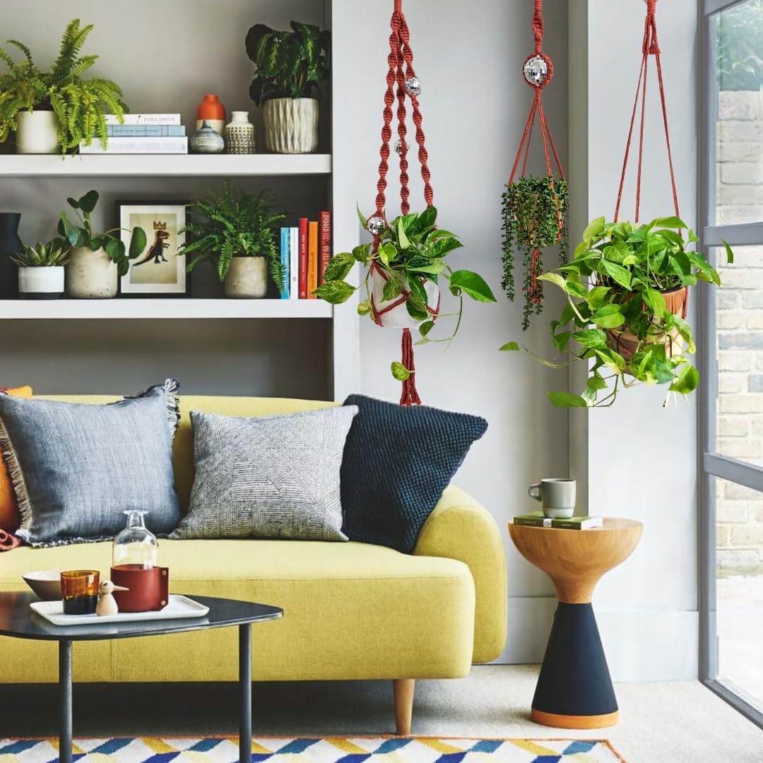 Set of 3 Macrame Plant Hanger | Disco ball decor Hanging planters for indoor plants Cool gifts for plant lovers Boho plant pots plant stand indoor Hanging planters for outdoor plants (Cafe Latte)