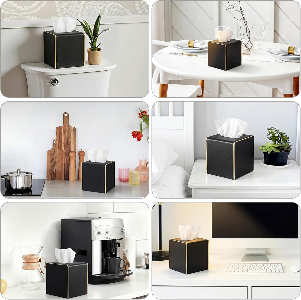 Sumnacon PU Square Tissue Box Cover, Magnetic Bottom, Waterproof, Black
