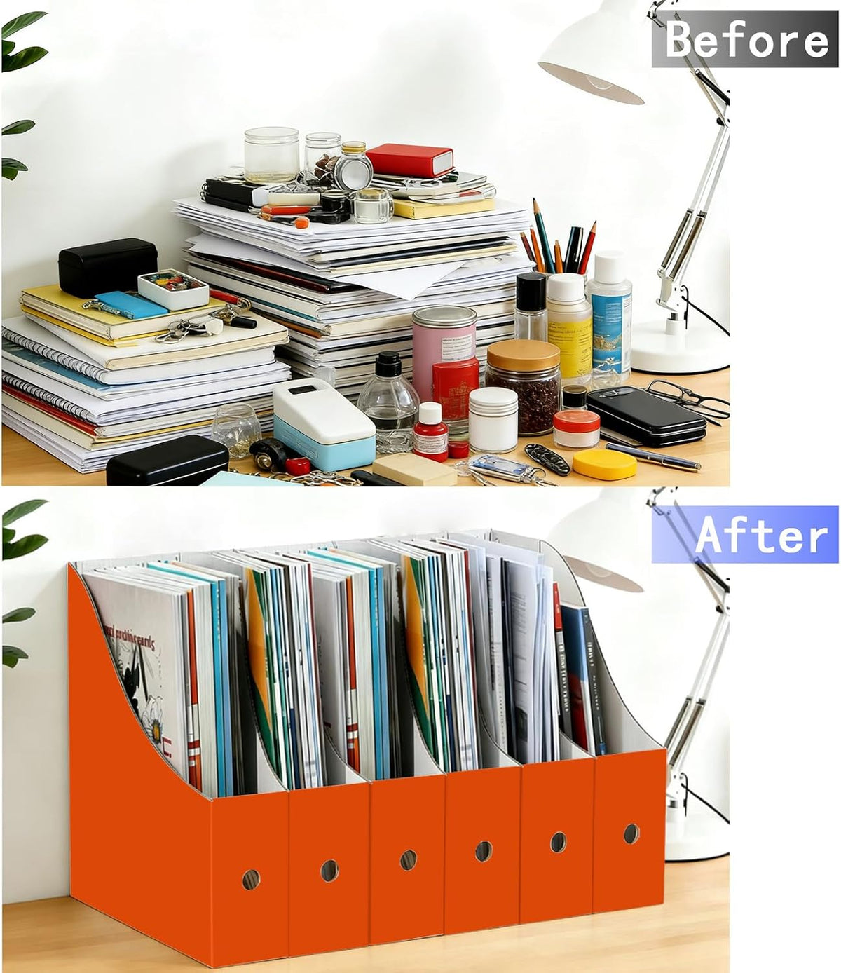 Limitliho 2 Pack Cardboard Magazine Storage Boxes, Vertical File Organizer Box for Desk or Shelves, Book Holder for Classroom,Office,Home(Orange-Red, 10.6" H x 10.2" L x 3.5" W in)