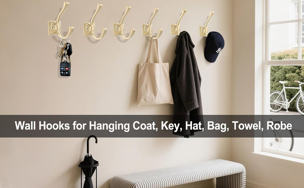 TOFIIGREM 2 Pack Brushed Gold Wall Hooks for Hat, Coat, Towel, Key, Bag, Mudroom Hooks Entrance Bathroom Door Decorative Heavy Duty Coat Hanger