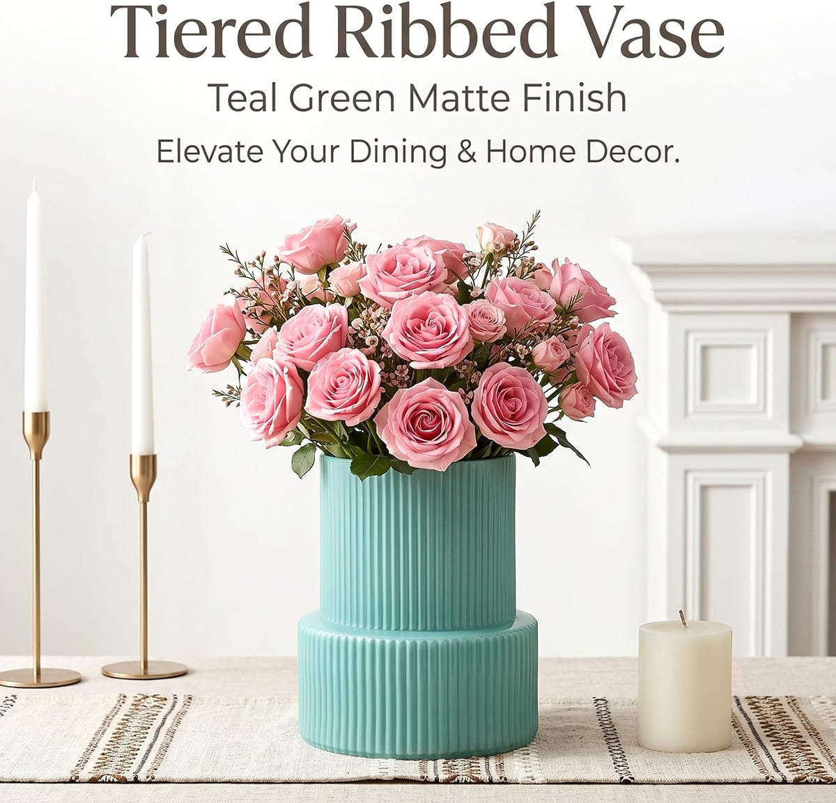 Green Ribbed Glass Vase, Modern Design Flower Vase