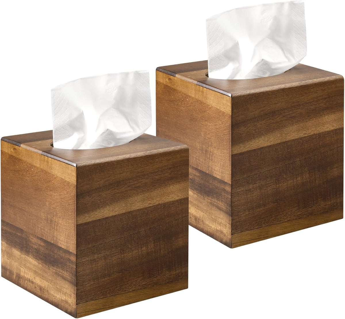 2 Pack Wooden Tissue Box Cover Square - Acacia Wood Tissue Box Holder for Tabletop Stands Bathroom Office- Decorative Facial Wood Tissue Box Cover for Modern Farmhouse Decor-Standard Walnut Color