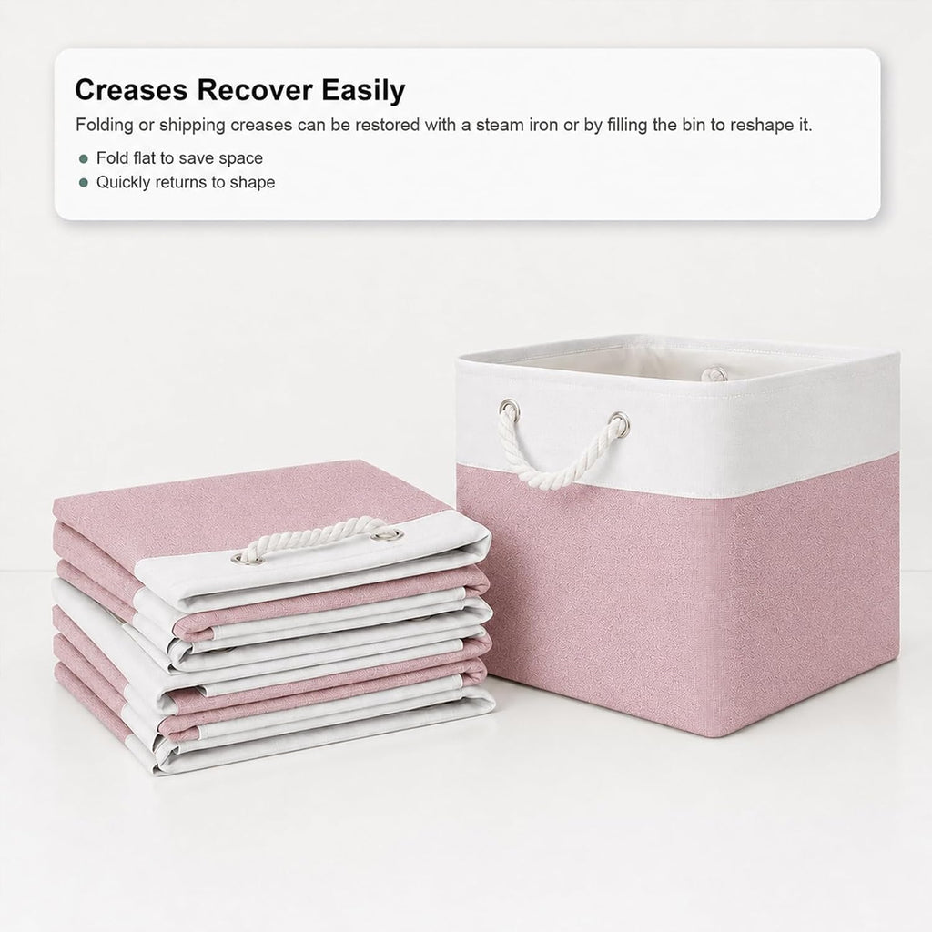 11x11 Inch Cube Storage Bins, 6 Pack Collapsible Fabric Storage Cubes with Rope Handles, Waterproof Foldable Storage Baskets for Cube Shelves, Closet, Clothes, Toys, Books, White & Pink