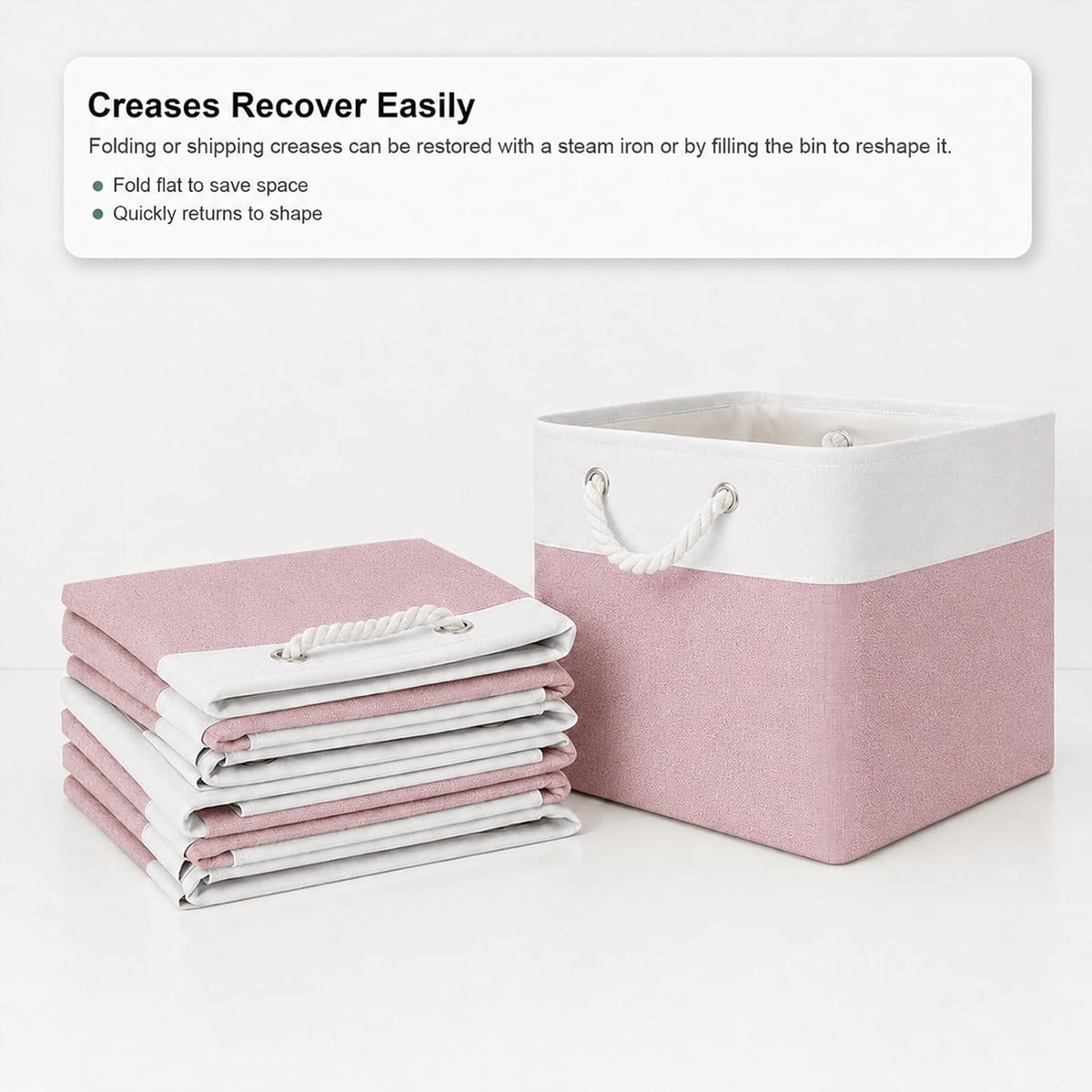 11x11 Inch Cube Storage Bins, 6 Pack Collapsible Fabric Storage Cubes with Rope Handles, Waterproof Foldable Storage Baskets for Cube Shelves, Closet, Clothes, Toys, Books, White & Pink