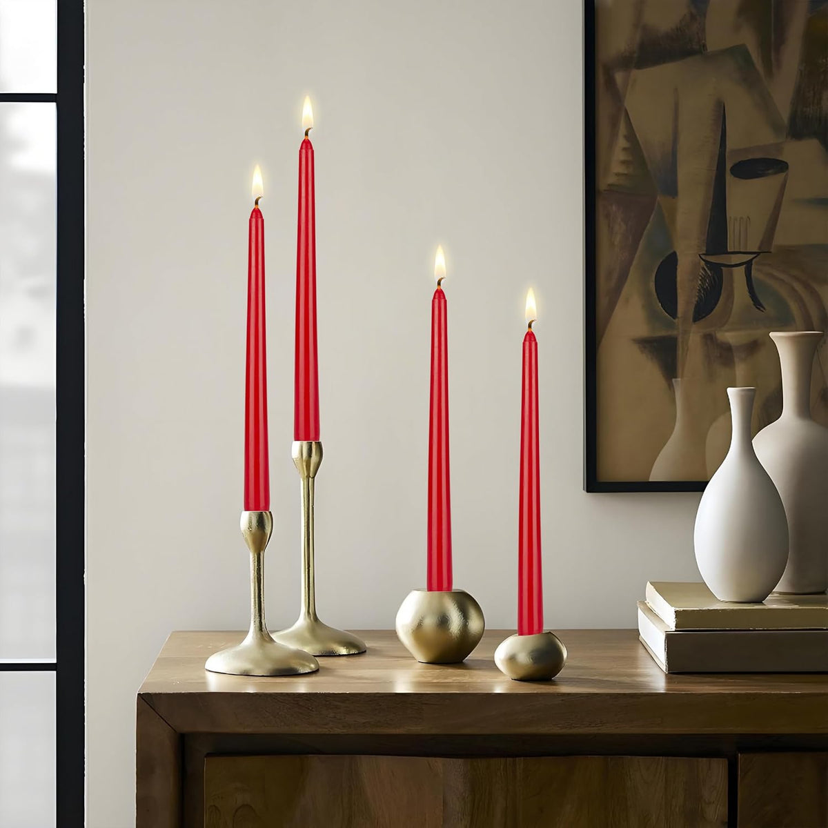 Mega Candles 12 pcs Unscented Red Taper Candles, Hand Poured Wax Candle 10 Inch x 7/8 Inch, Home Décor, Wedding Receptions, Centerpieces, Occasions, Romantic Dinners, Prayer, Candle Holders
