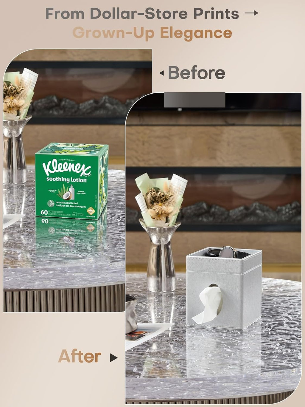 Square Tissue Box Cover Holder with Tray Compatible with Kleenex/Puffs Cubes,Patented Metal-Look PU Leather (Liquid Iridium)