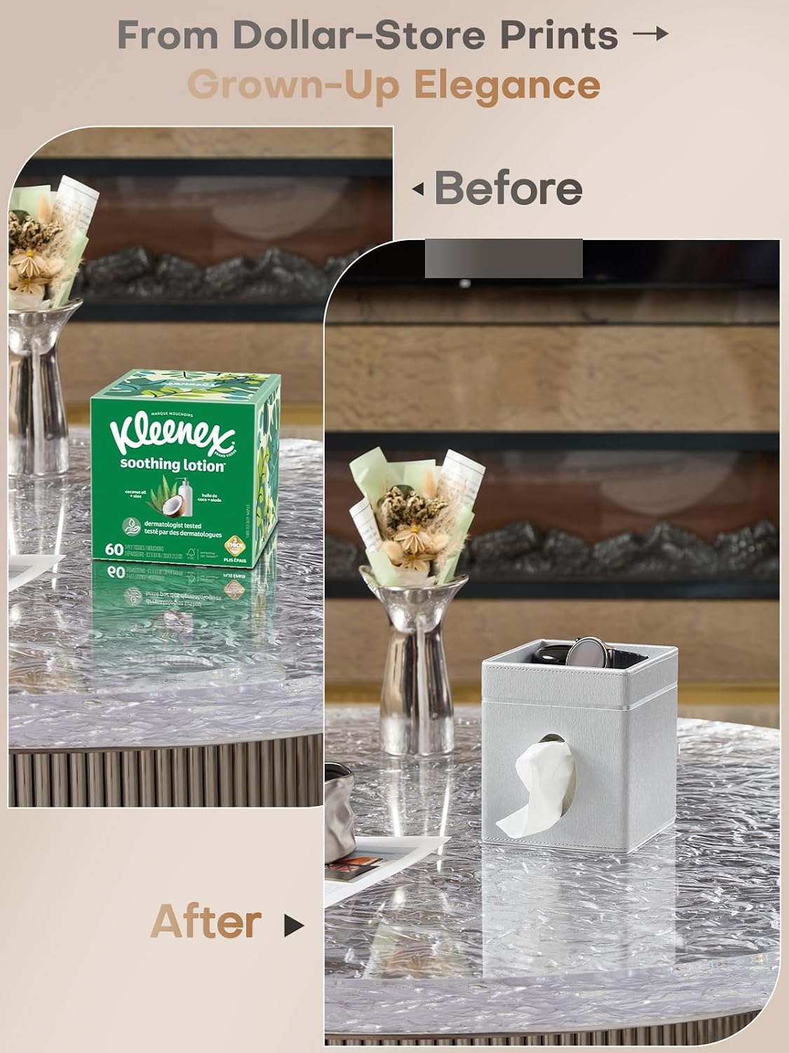 Square Tissue Box Cover Holder with Tray Compatible with Kleenex/Puffs Cubes,Patented Metal-Look PU Leather (Liquid Iridium)