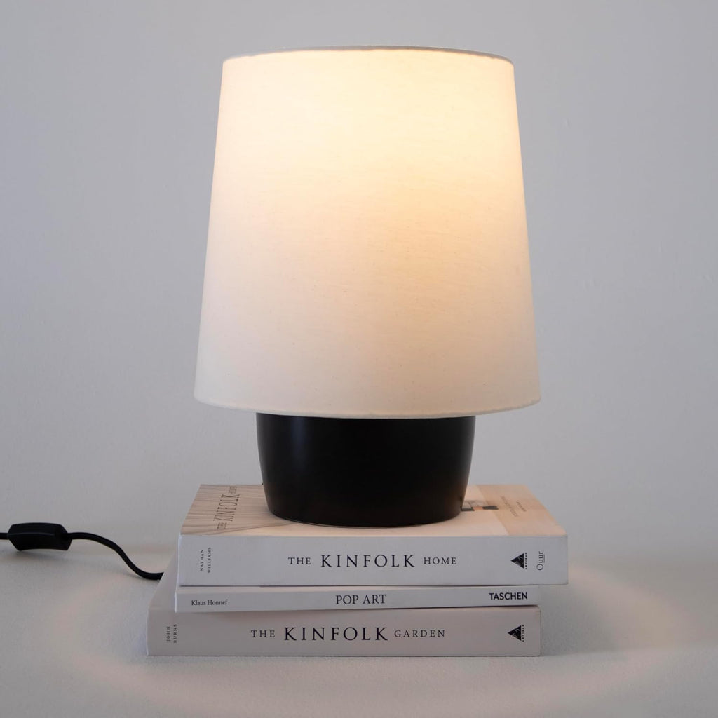Brightech Dan LED Desk and Table Lamp - Modern Mushroom Style Ceramic Lamp for Bedroom, Bedside, Desk, Office - Cozy Corner Nightstand Light with Small Lamp Shade - Tiny Lamp with Black Ceramic Base