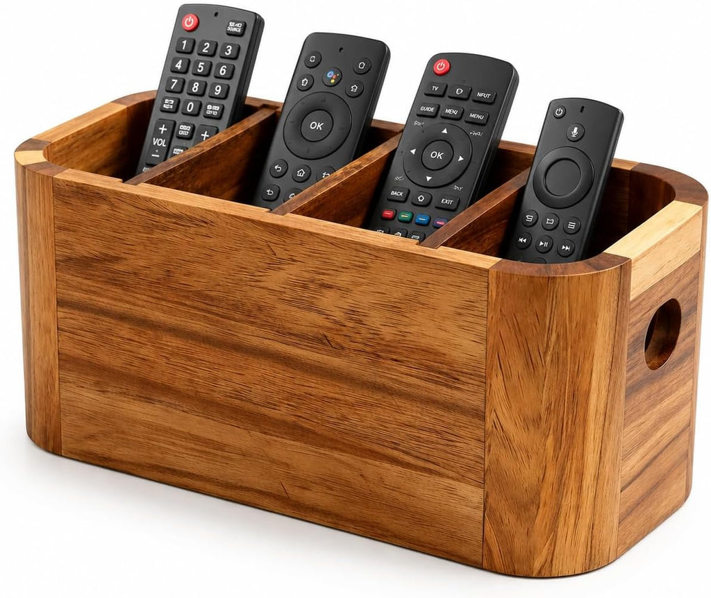 Acacia Wood Remote Control Holder, TV Remote Holder - 4 Compartment Remote Control Storage Organizer, Small Wooden Desktop Caddy for Coffee Table, Nightstand, Living Room, Office, Vanity
