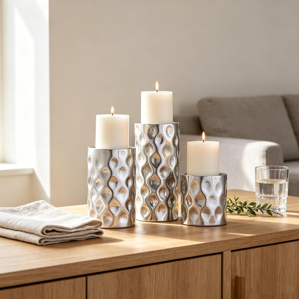 Hosley Set of 3 Silver Pillar Candle Holders – 3", 5", 7" High Decorative Metal Stand with Modern Pebble Pattern Design for Wedding Centerpieces, Holiday Décor, Parties, Table Accents