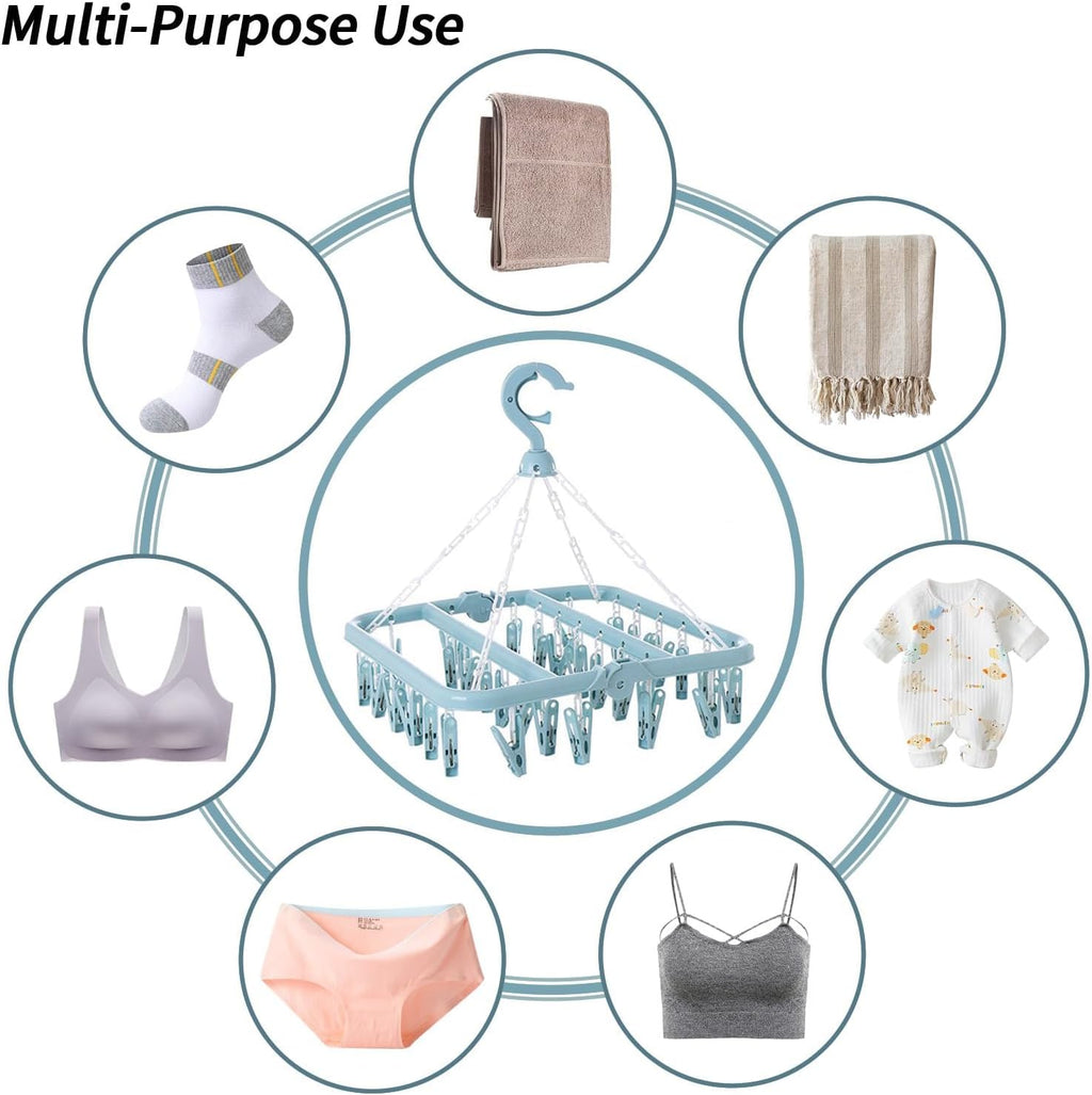 Laundry Drying Rack with 32 Clips, Foldable, Light Blue