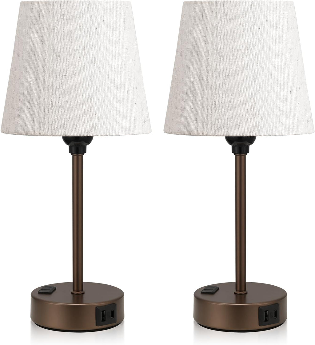 Brown Bedside Lamps Set 2 for Bedroom - Dimmable Touch, USB C+A, AC Outlet