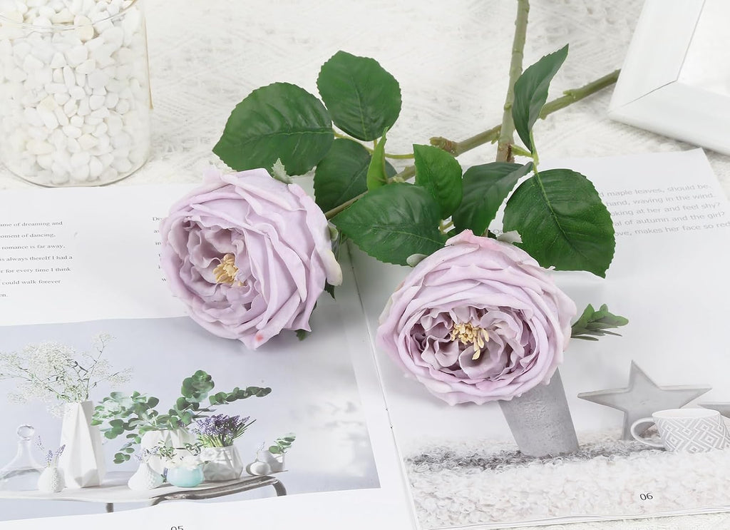 IPOPU 5PCS Light Purple Roses Artificial Flowers Real Touch Peonies with Stem for Wedding Bouquet Party Home Decor (Light Purple)