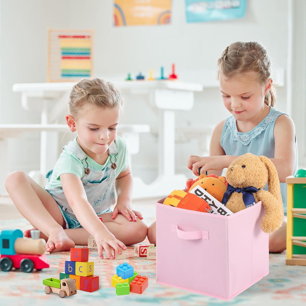 Stero Fabric Storage Bins 6 Pack Fun Colored Durable Storage Cubes with Handles Foldable Cube Baskets for Home, Kids Room, Closet and Toys Organization Pink