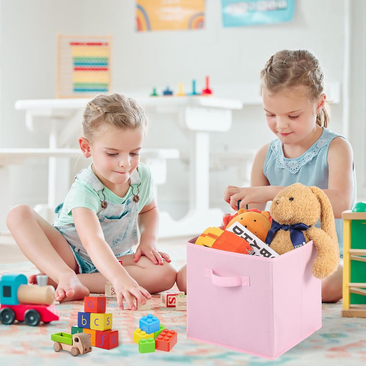 Stero Fabric Storage Bins 6 Pack Fun Colored Durable Storage Cubes with Handles Foldable Cube Baskets for Home, Kids Room, Closet and Toys Organization Pink