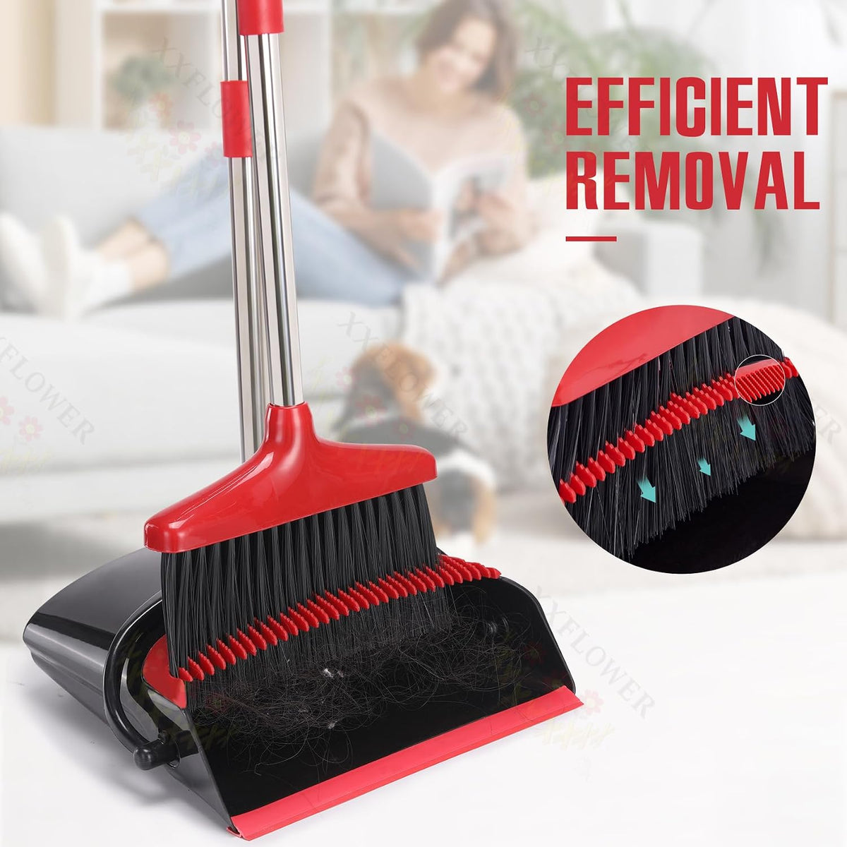 Broom and Dustpan Set,54.72"Long Handle,Standing Dustpan,Black&Red