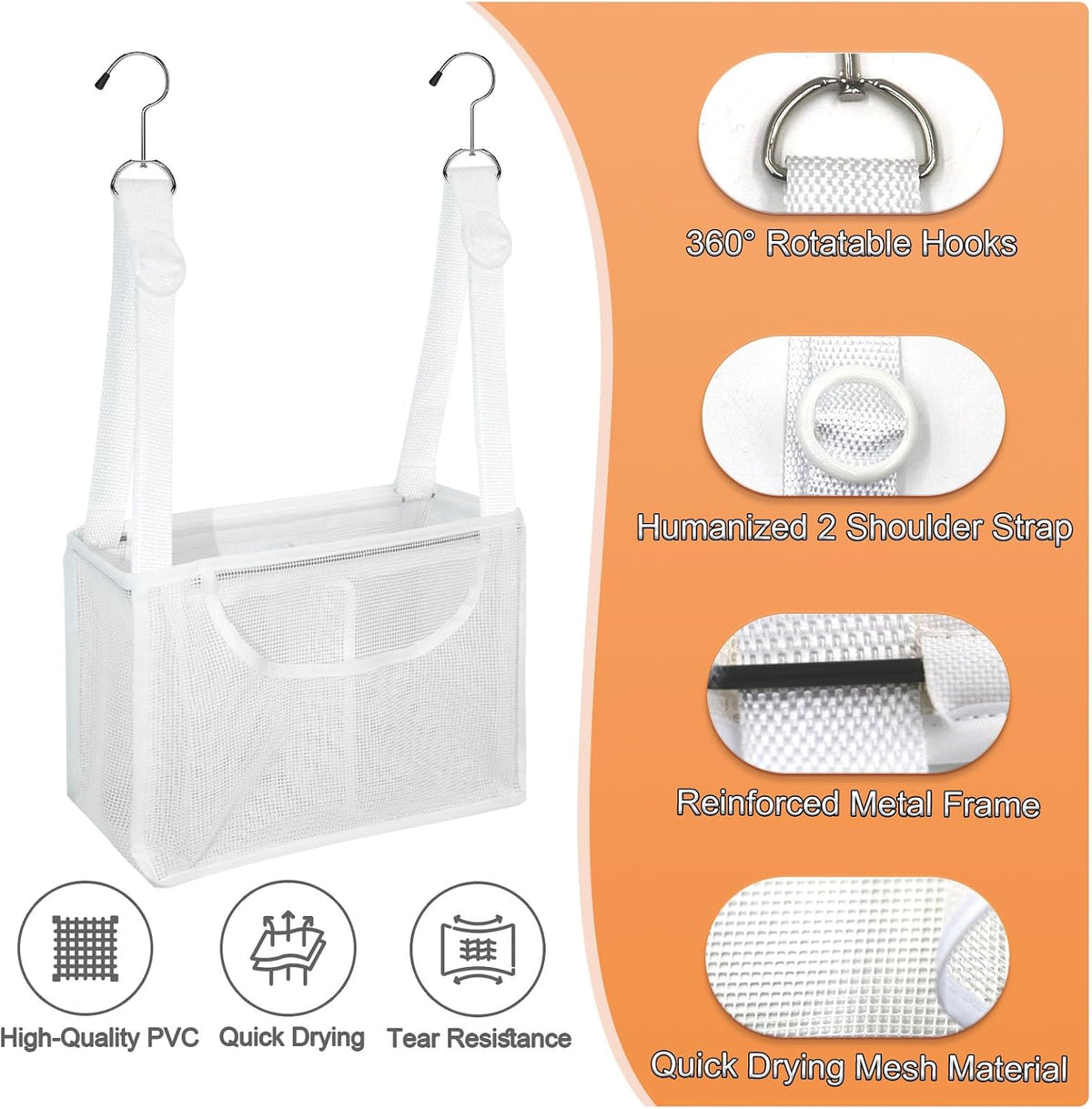 PVC Mesh Hanging Shower Caddy Organizer White, 12"x5"x7"