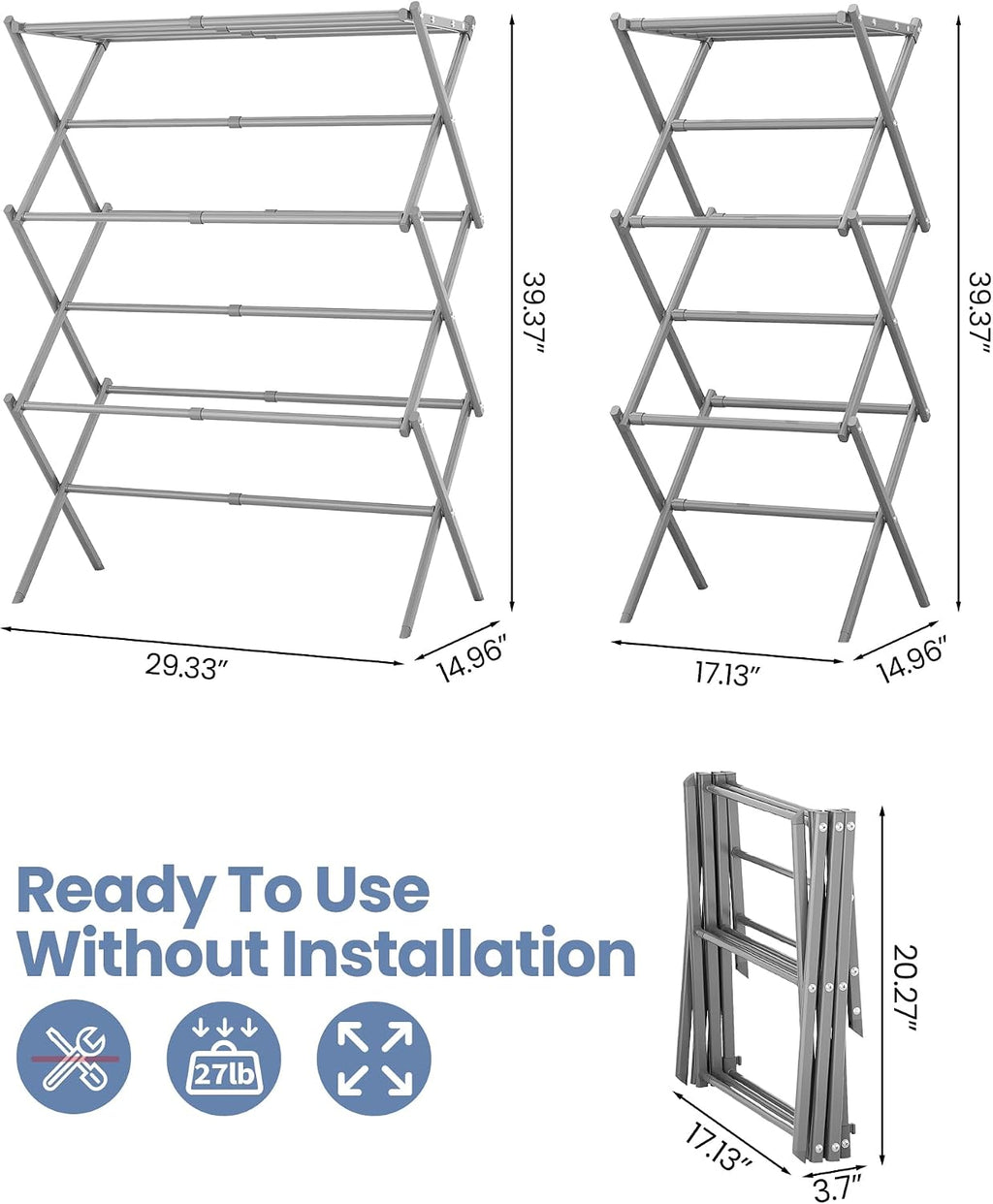APEXCHASER Oversize 3-Tier Clothes Drying Rack, No Assembly, Grey
