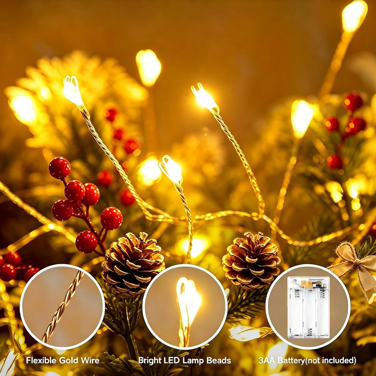 Fairy Lights Battery Operated with Timer Function, 10FT 200 LEDs Firecracker String Lights, Warm White Waterproof Gold Wire Cluster Lights for Bedroom, Wedding, Christmas, Party, Home Decor