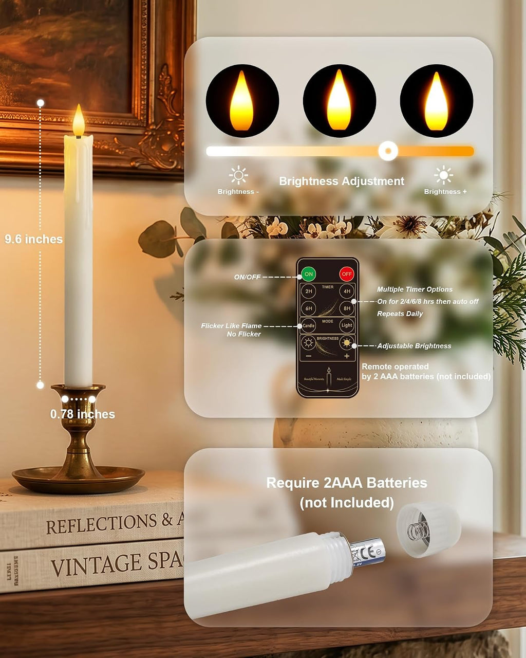 9.6 Inches Waxy Flameless Taper Candles, Dripless Fake Candlesticks with Timer, White LED Candle with 3D Flickering Flame for Christmas Kitchen Fireplace Table Home Decor, 3 PCS