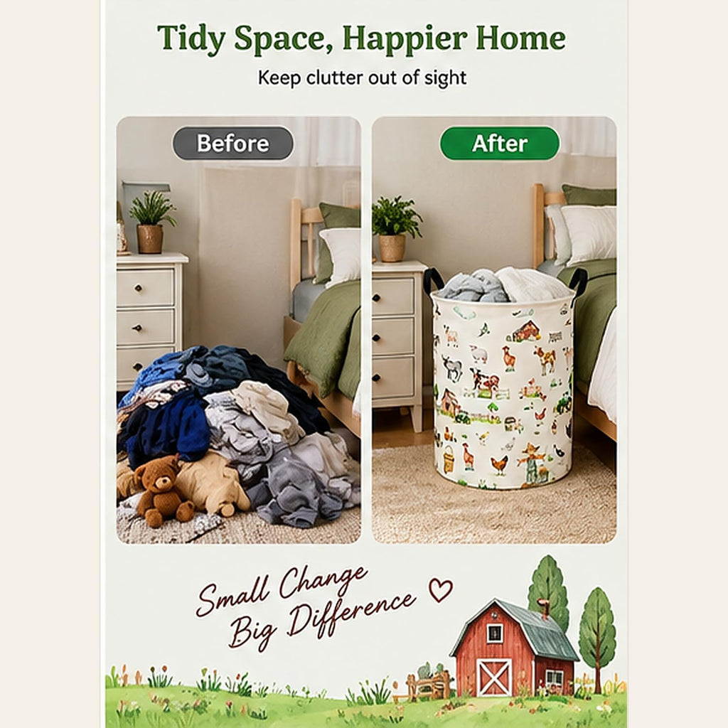 Farm Animal Laundry Hamper, Round Collapsible Laundry Basket with Handles, Cotton Linen Storage Bin for Clothes, Blankets, Toys, Bedroom, Dorm Room and Farmhouse Decor