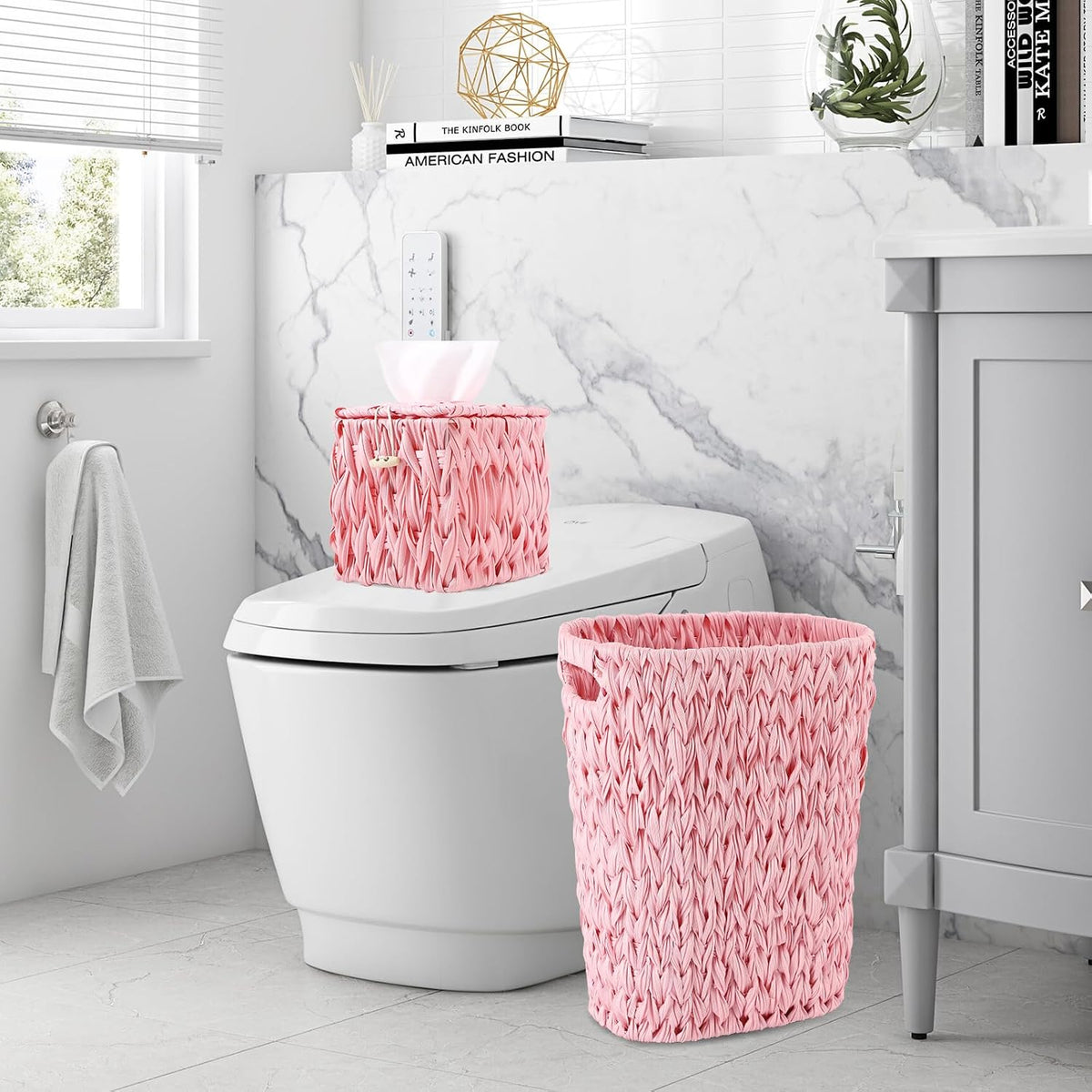 BSSN Wicker Trash Can and Square Tissue Box Cover, 4 Gallon Water Hyacinth Bathroom Trash Can, Handwoven Napkin Holder, Narrow Small Waste Basket, Rustic Decorative Home Set for Bedroom,Office (Pink)