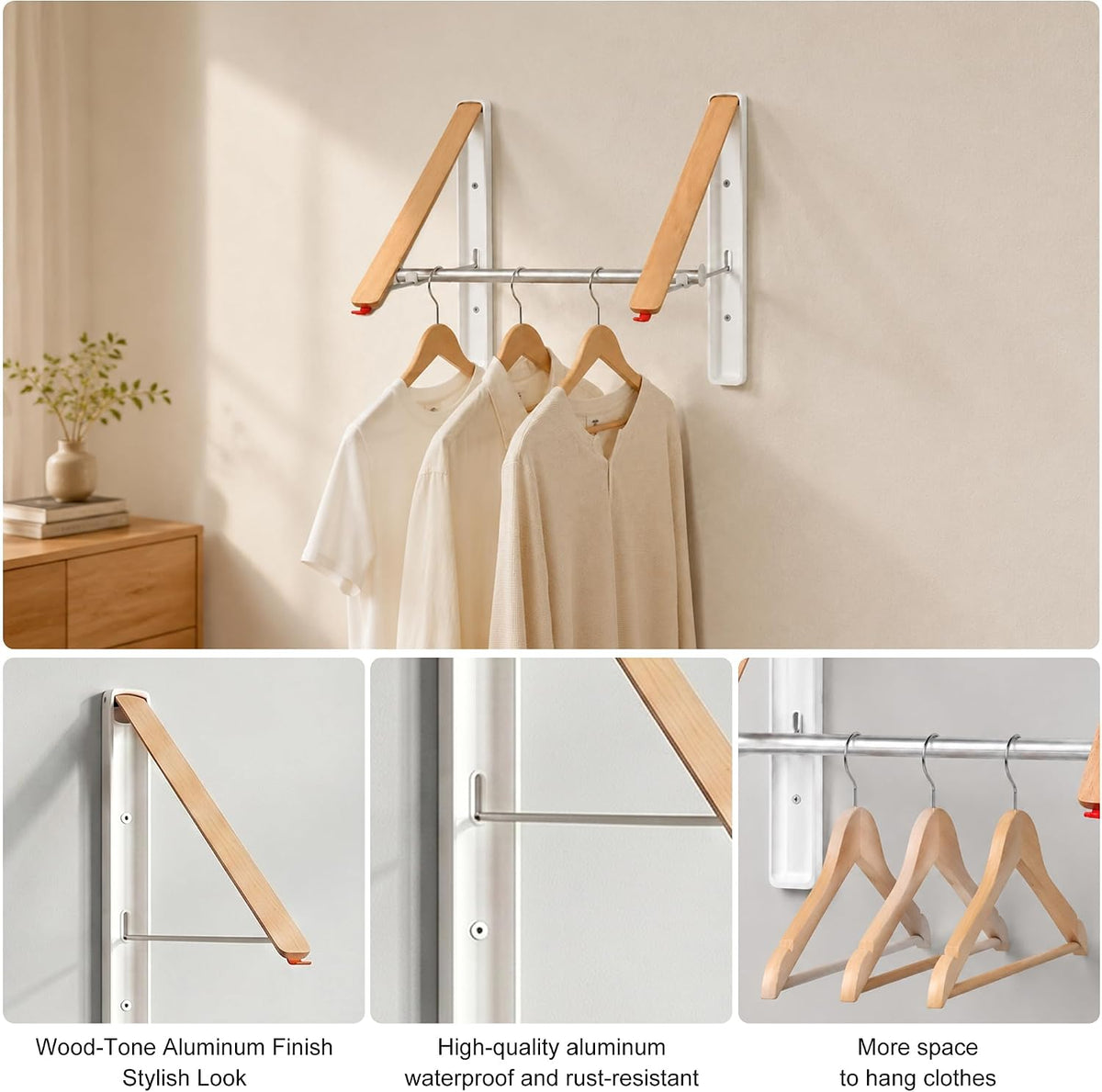 RFOUO Foldable Wall Mounted Clothes Drying Rack, 2 Picks with Rod
