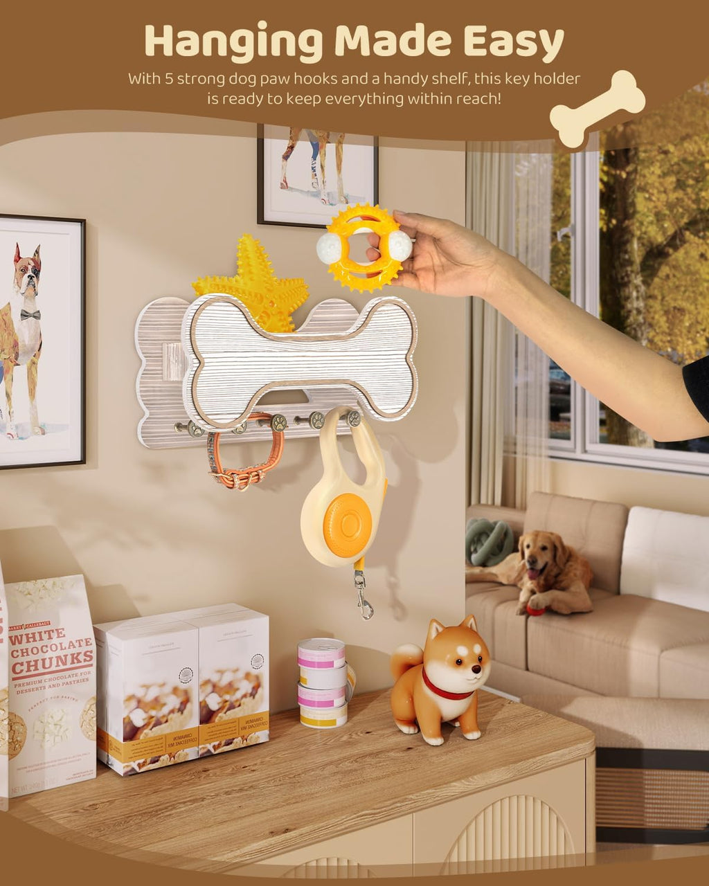 MTERSN Dog Leash Holder for Wall with Key Hooks for Dog Lover Gift, White