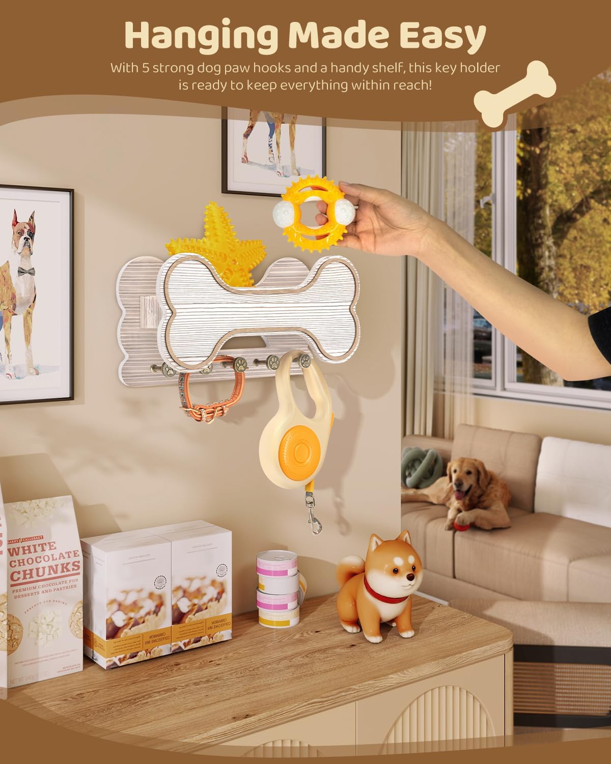 MTERSN Dog Leash Holder for Wall with Key Hooks for Dog Lover Gift, White