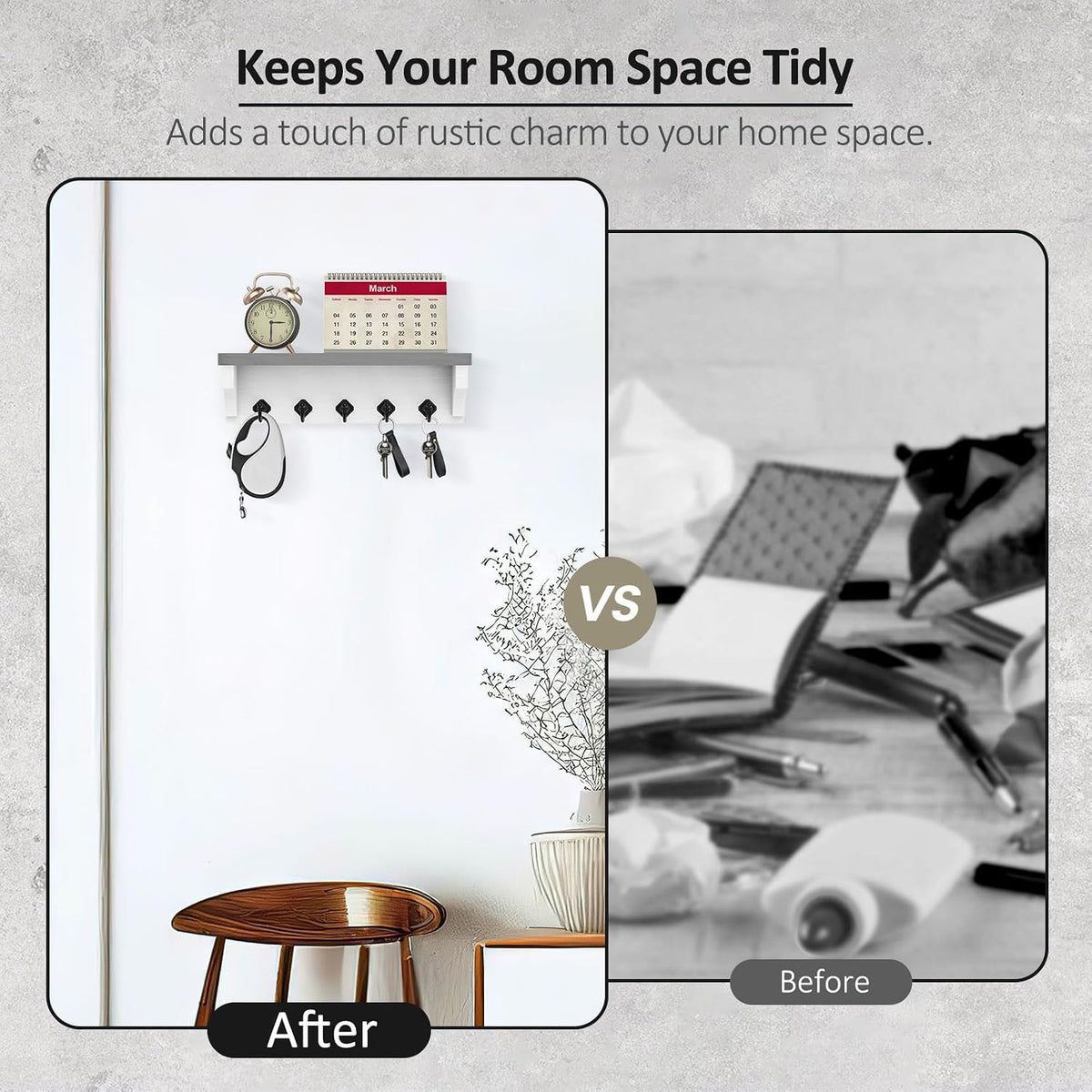 Nekon Key Holder for Wall, 11.8" W x 3.5" H x 2.8" D Wall Shelf, Gray