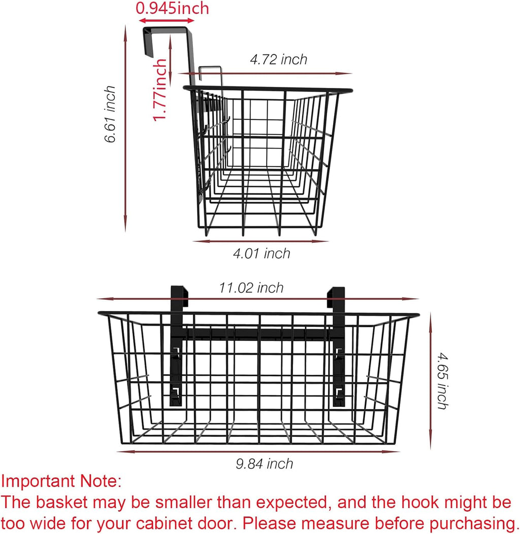 MaraFansie Basket with Hook, Grid Storage Basket, Over the Cabinet Door Organizer, Wire Hanging Basket with Hook Over the Railing, Under Sink Kitchen Cabinet, Pantry, Bathroom, Black, 2 Pack
