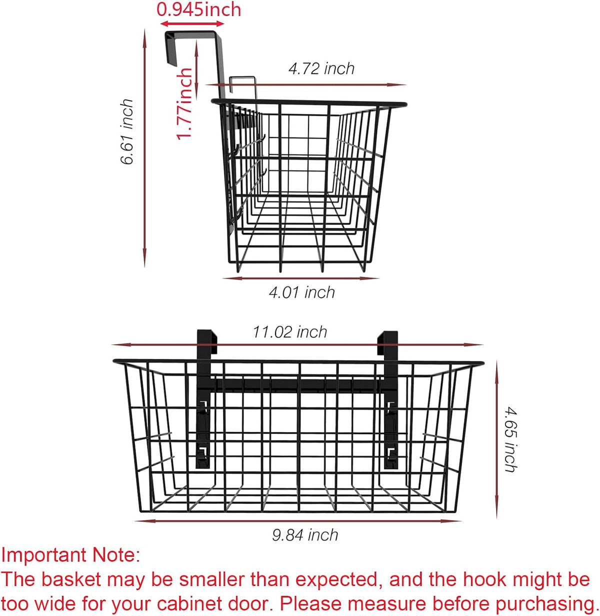 MaraFansie Basket with Hook, Grid Storage Basket, Over the Cabinet Door Organizer, Wire Hanging Basket with Hook Over the Railing, Under Sink Kitchen Cabinet, Pantry, Bathroom, Black, 2 Pack