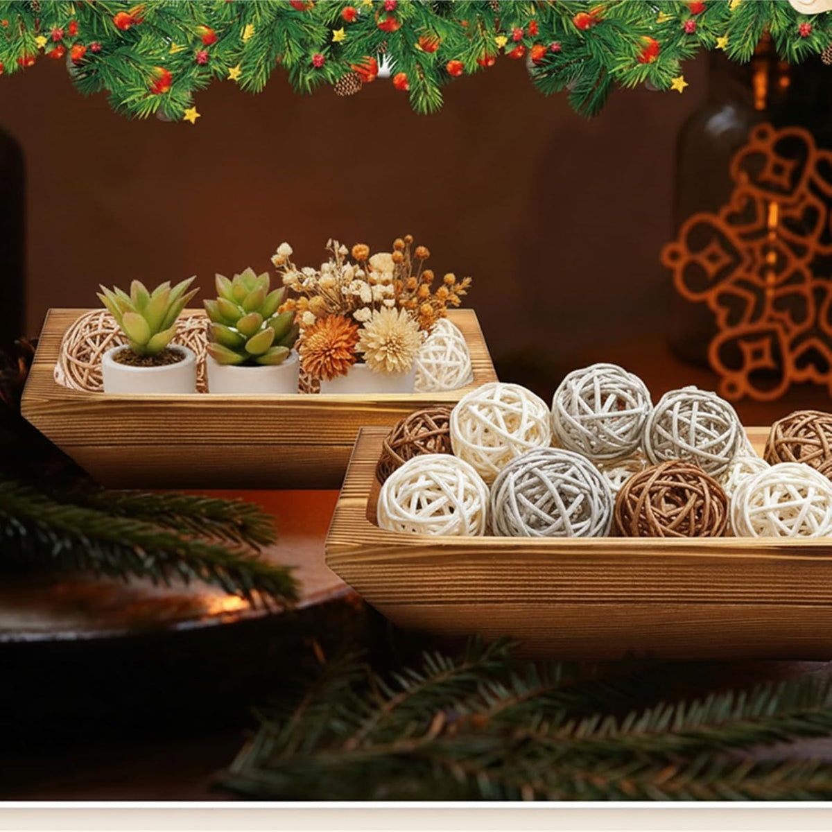 10 Pack Wooden Dough Bowl for Decors, Brown, 7.8x5.9in, Rectangle