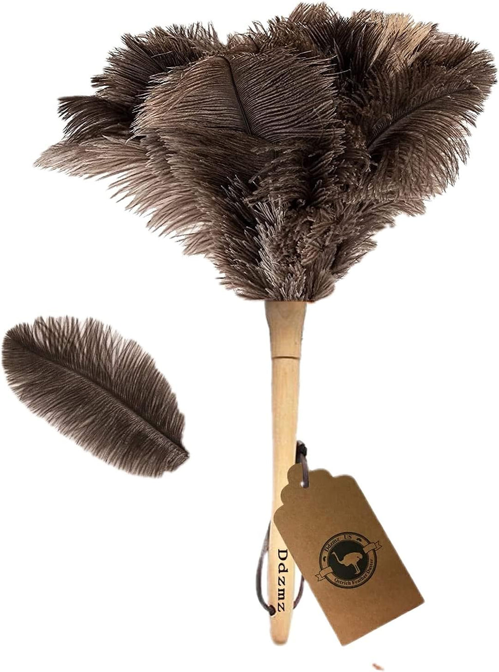 DDZMZ Ostrich Feather Duster for Cleaning with Wooden Handle, 16", Brown