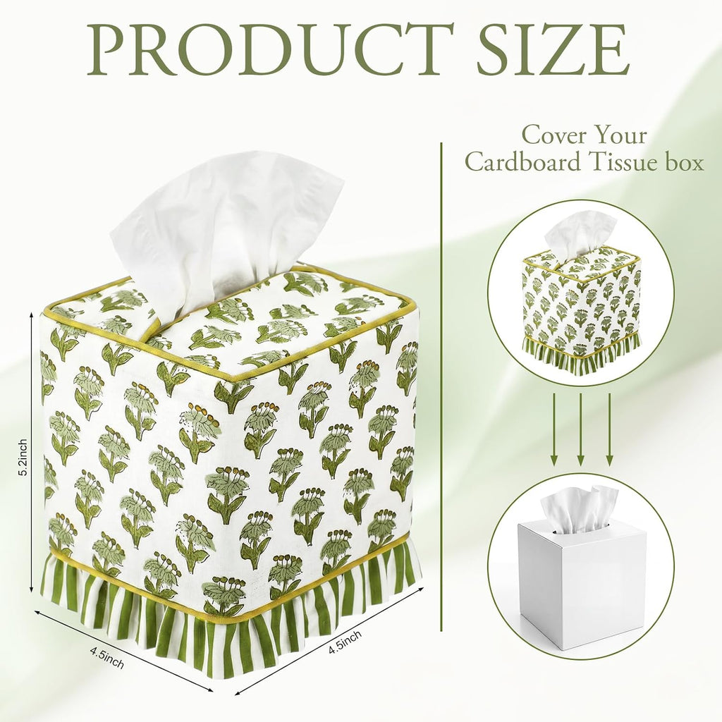 Emerald Green Floral Ruffle Tissue Box Cover Block Printed