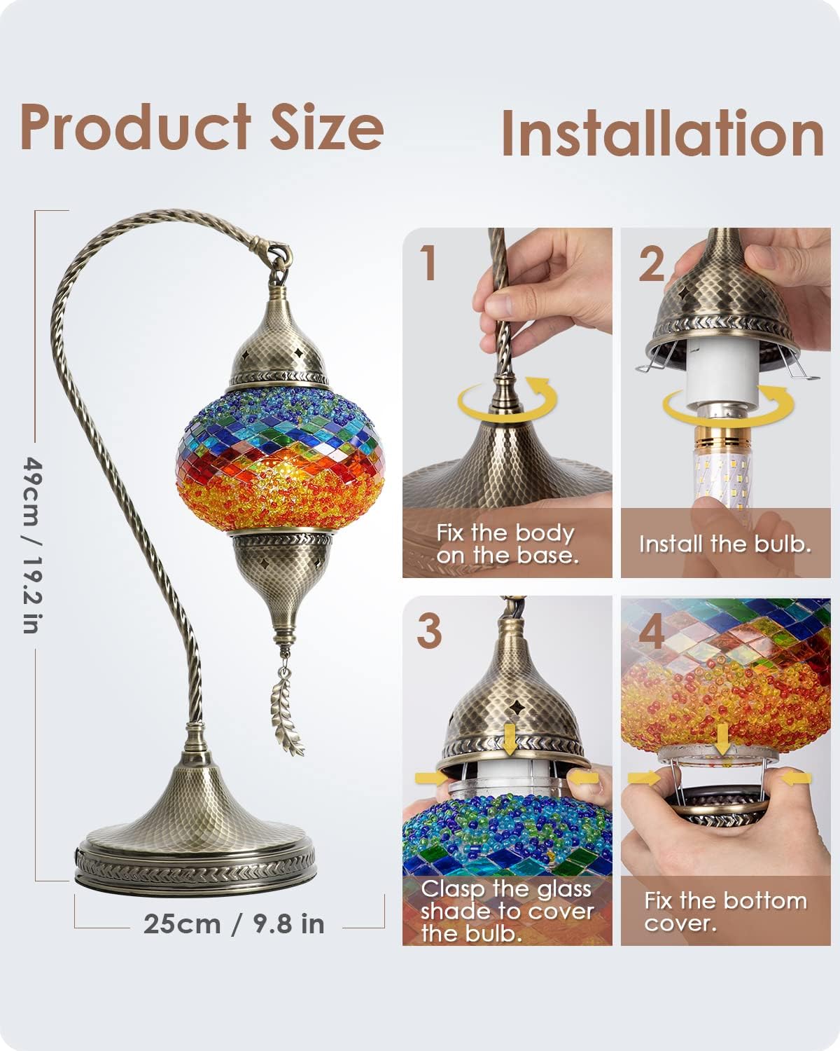 Yarra-Decor Turkish Moroccan Mosaic Table Lamp with Bronze Base - 3 Color Options Handmade Swan Neck Tiffany Mosaic Glass Bedside Lamps for Bedroom, 19" Color2(LED Bulb Included)