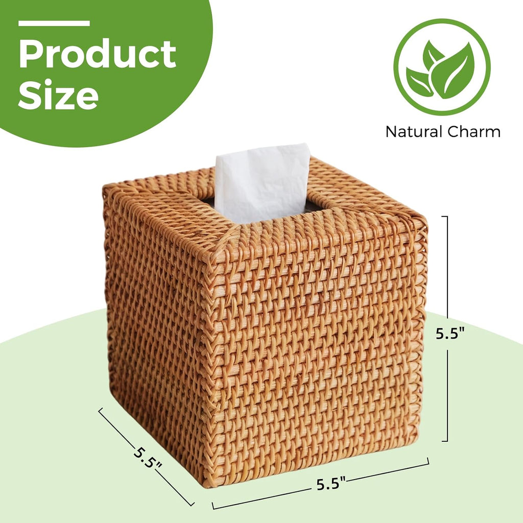 Rattan Tissue Box Cover Square, Handwoven Wicker Facial Tissue Box Holder