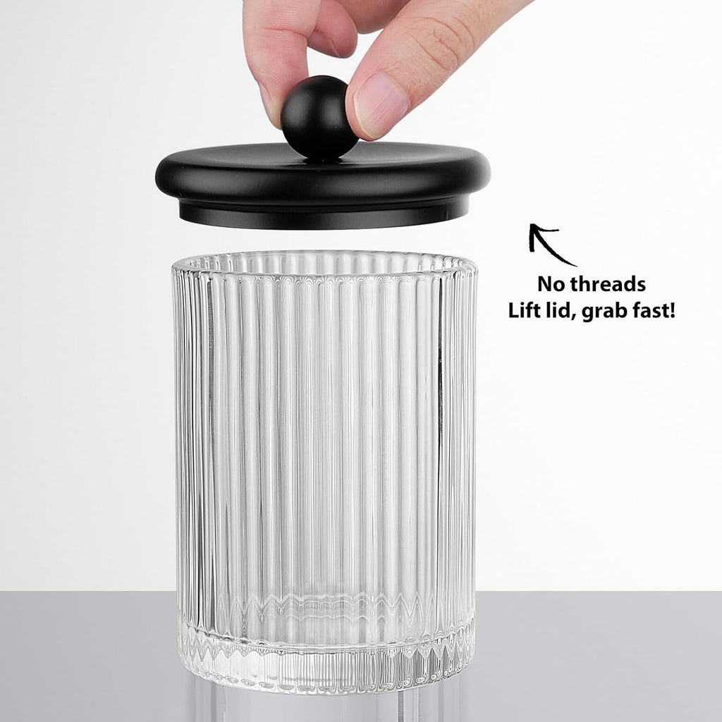 3 Pack Glass Qtip Holder Dispenser Set with Matte Black Metal Lid