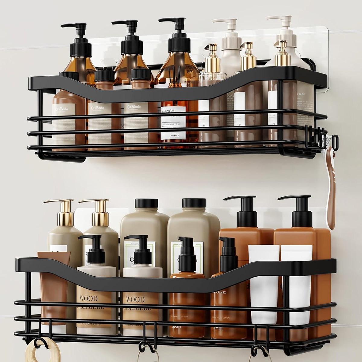Orimade Adhesive Shower Caddy Shelf with 5 Hooks Organizer Storage Rack Rust Resistant Wall Mounted Stainless Steel No Drilling for Bathroom, Toilet, Kitchen - 2 Pack,Black
