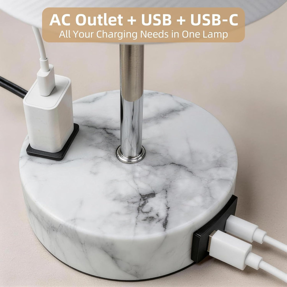 Table Lamp, Dimmable Touch, AC Outlet, USB A+C (White&Marble)