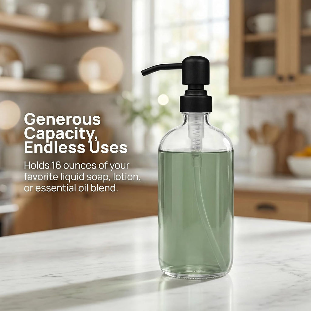 4 Pack Glass Soap Dispenser with Matte Black Stainless Steel Pump, 16 Oz Clear Boston Round Bottles Bathroom Kitchen Soap Dispenser for Essential Oil, Dish Soap, Hand Soap, Lotion Soap