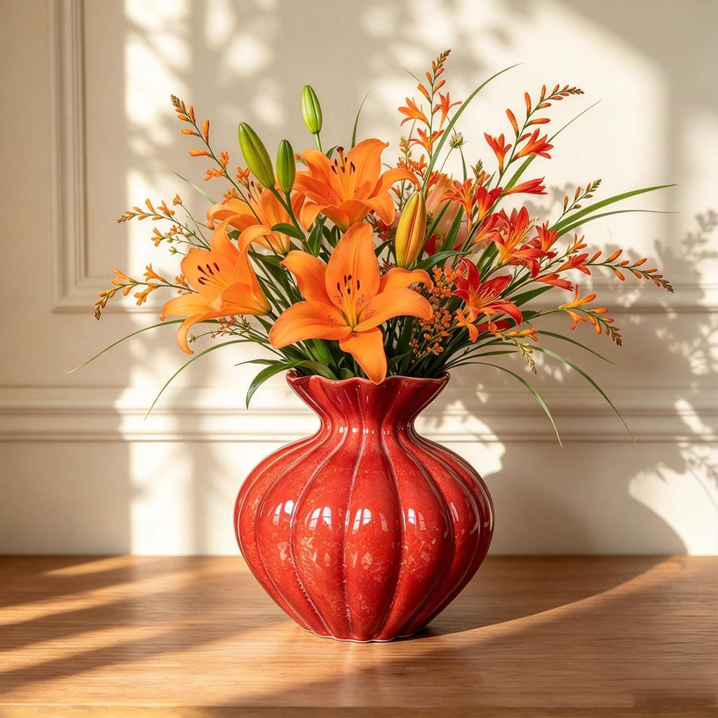 Ceramic Vase, Modern Boho Flower Vase for Home Decor, Unique Vase for Farmhouse Living Room Cabinet Table Centerpieces Wedding Decorations (Extra-Wide-Orange Red)