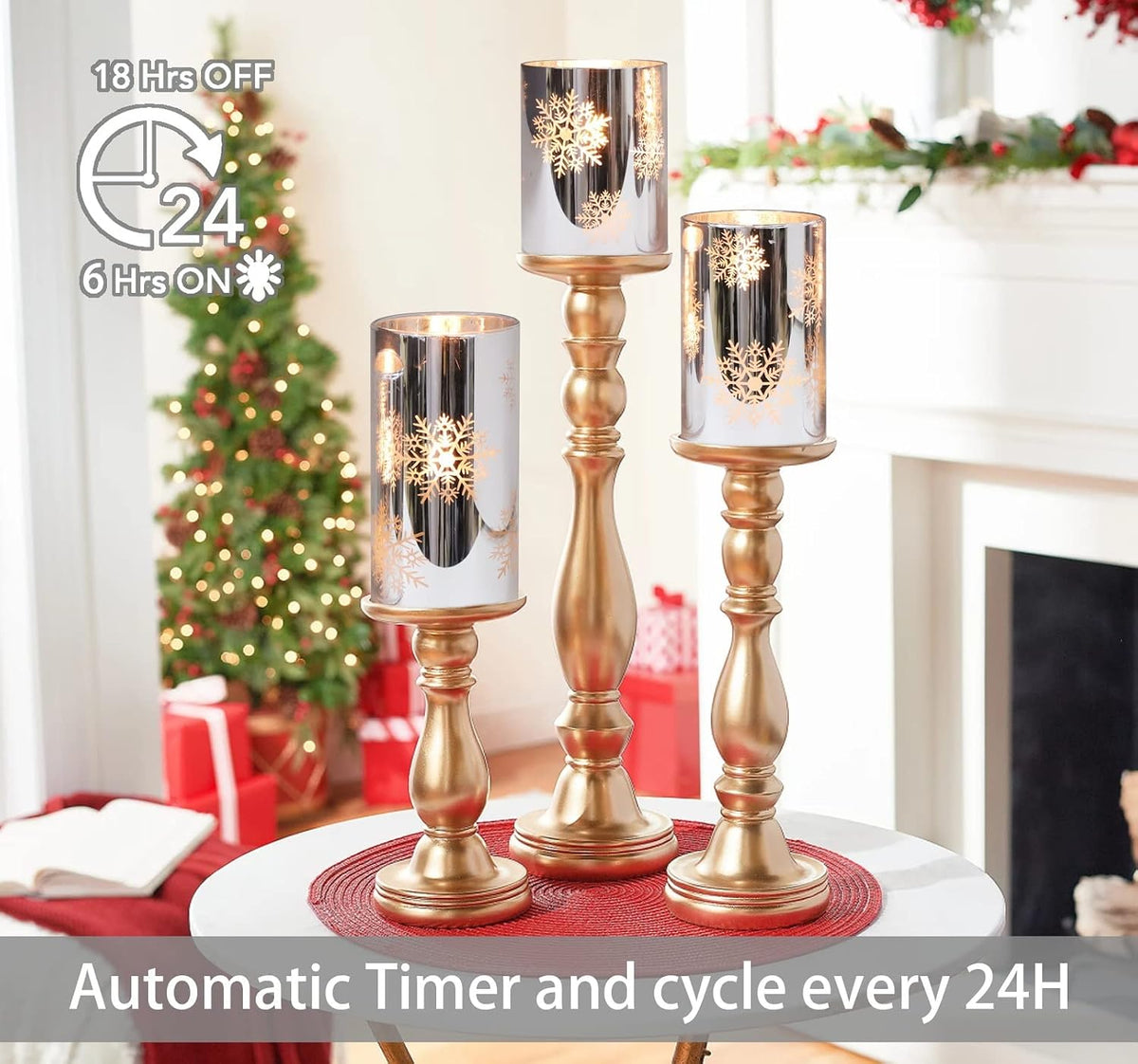 MELTONE Snowflake Holiday Flameless Candles: Real Wax Flickering Battery Operated Glass LED Candles with Remote - Home Xmas Party Christmas Decor - Set of 3