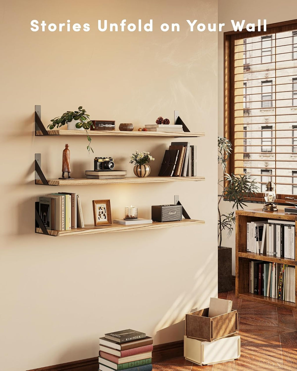 Floating Shelves for Wall, Wall Mount Book Shelf, Hanging Shelves, Wall Bookshelf for Bedroom, Office, Living Room (Light Brown, 24 Inches)