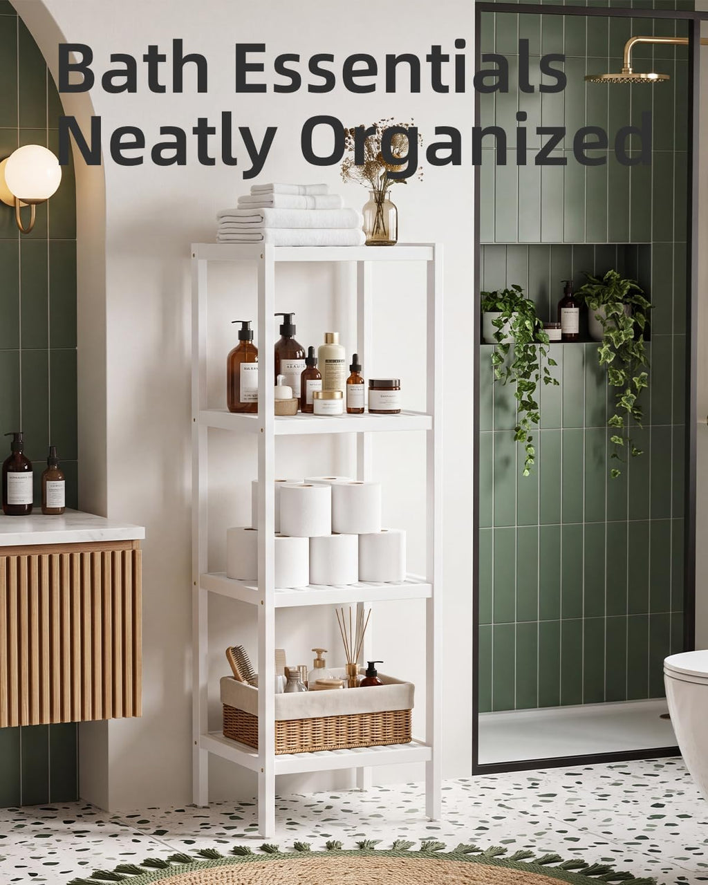 SMIBUY Bathroom Storage Shelf, 4-Tier Bamboo Rack Organizer, Multifunctional Shelving Unit for Living Room Bedroom Kitchen (White)