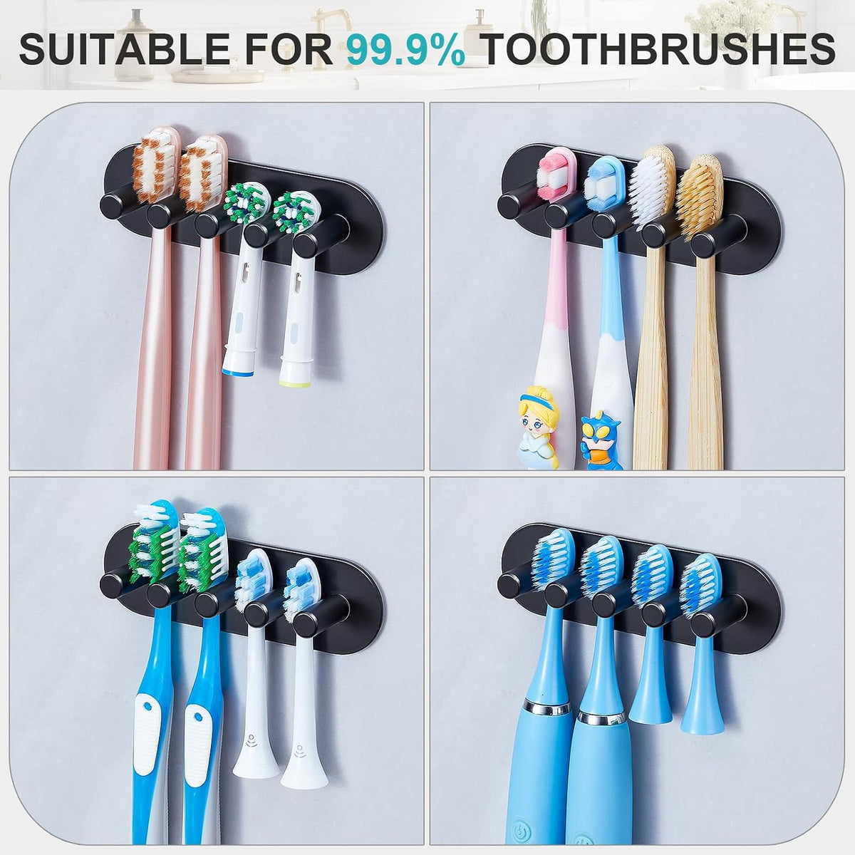 Electric Toothbrush Head Holder, Toothbrush Holders Wall Mounted, Adhesive Tooth Brush Head Holder Organiser, Electric Toothbrushs Holder, Shower Tooth Brushing Holder (Black, Large)