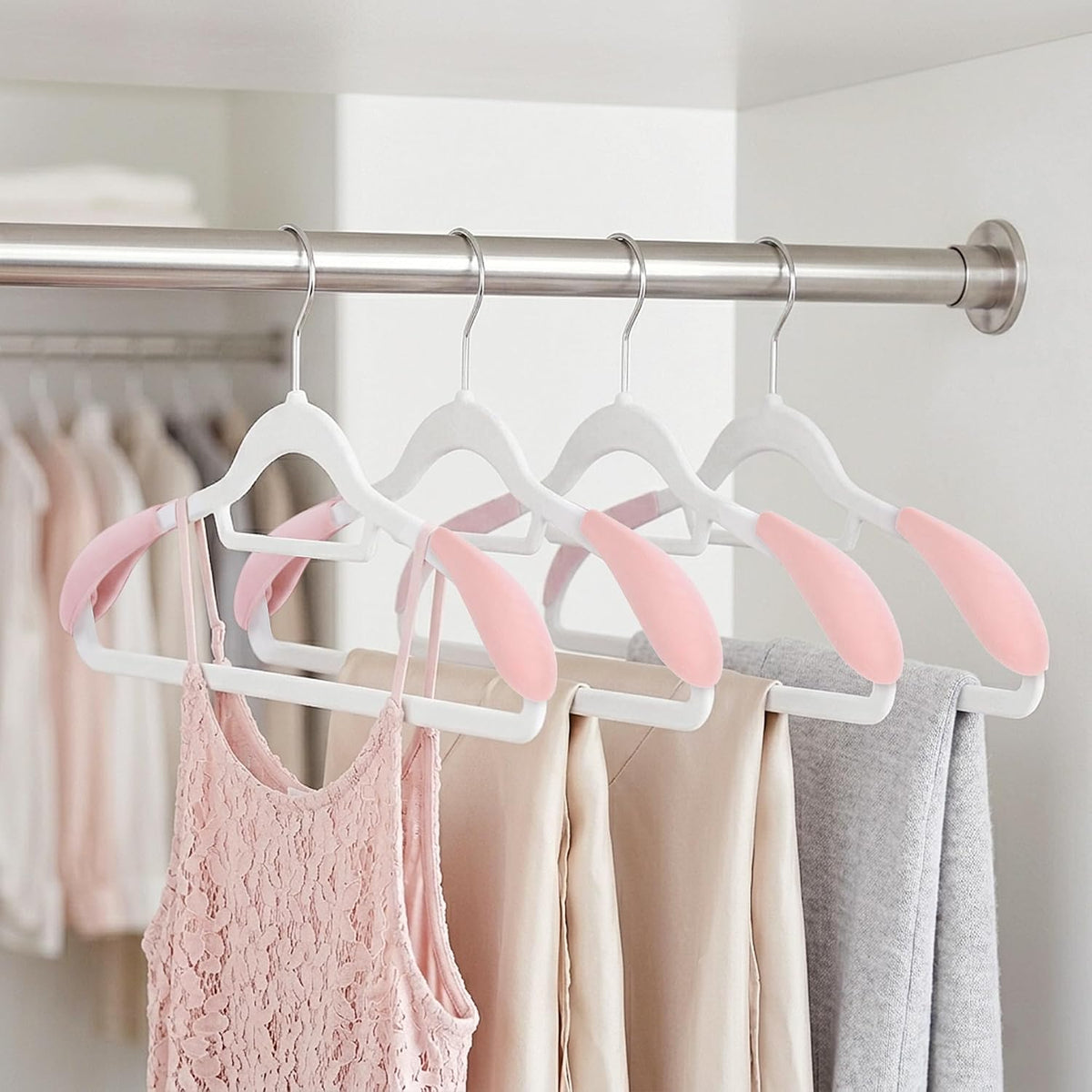 Shoulder Pads for Hangers – 10Pcs Velvet Hanger Shoulder Form Shaper, Plastic Flocking Protectors for Velvet Hangers with 0.2 Inch Thickness, Non-Slip Design (Pink)