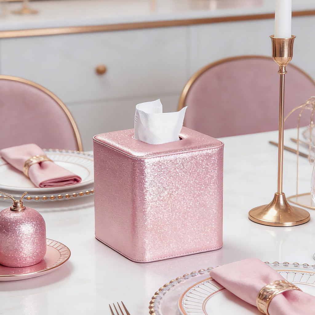 GORESE PU Leather Tissue Box Cover Square, Decorative Tissue Box Holder for Kleenexs, Tissue Cover for Vanity, Bathroom, and Office, Elegant Shimmer Cube Tissue Box (Pink)