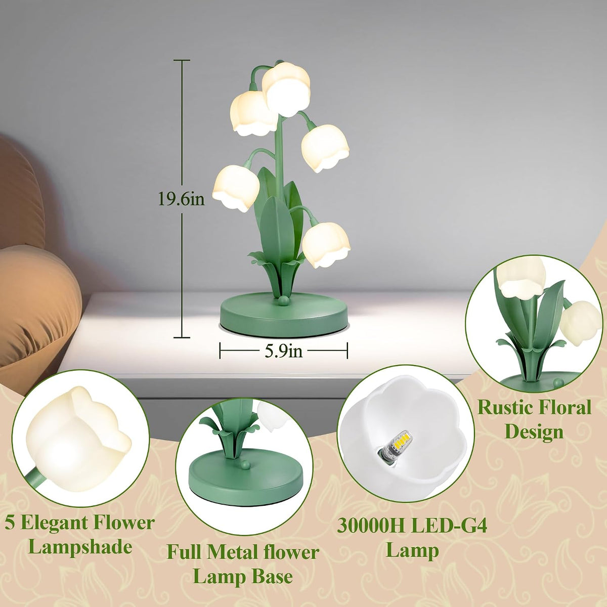 WERFOP Vintage Lily of the Valley Lamp Flower Table Lamp